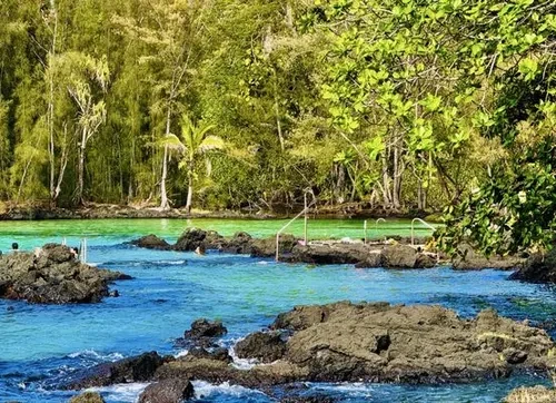 Clear turquoise tide pools at Carlsmith Beach Park, ringed by lava rock and shade trees