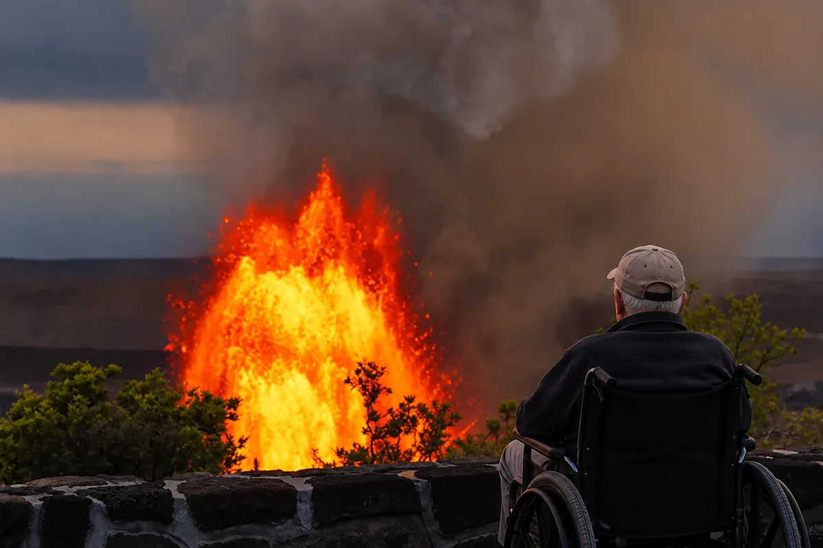 A visitor in a wheelchair watching a lava fountain from a stone-walled viewpoint at Kīlauea